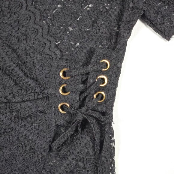 LUODING Gothic Black Lace Wrap Top w/ Grommet Corset Detail & Asymmetrical Hem - Picture 10 of 12